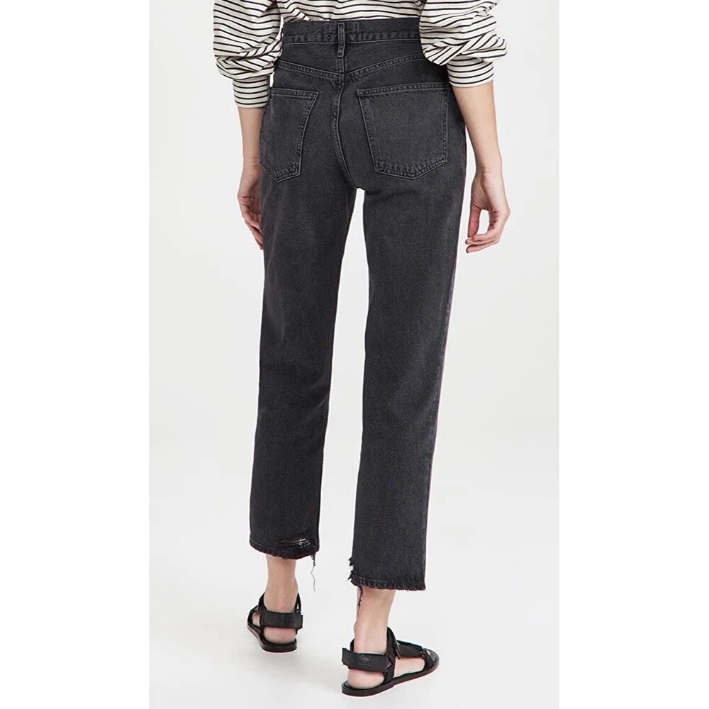 Agolde Jeans Women Size 27 Lana Cropped In Rhyme Black Denim Button Fly Distress - Picture 3 of 16